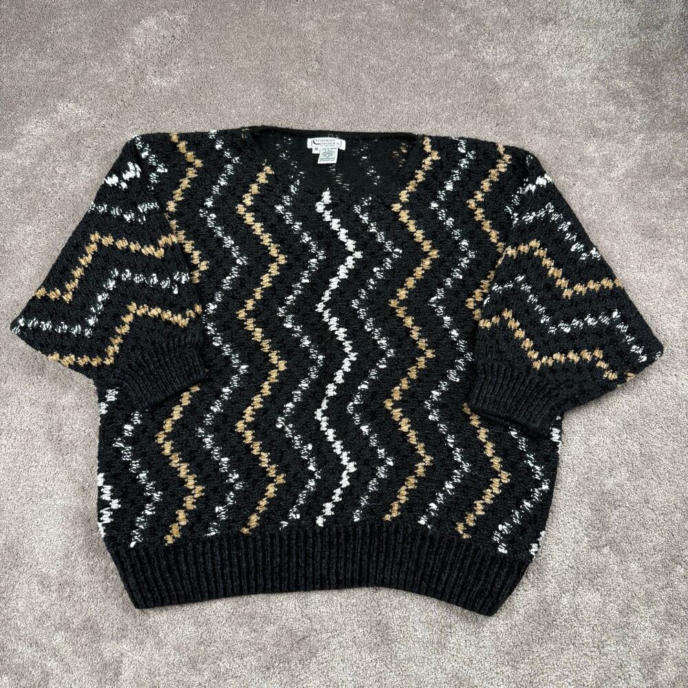 Vintage Campus Casuals Zigzag Chevron Knit Sweater Size M Black Tan 90s Retro